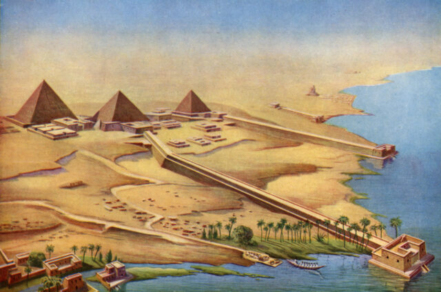 Illustration of three pyramids at Abusir, located on a coastline.