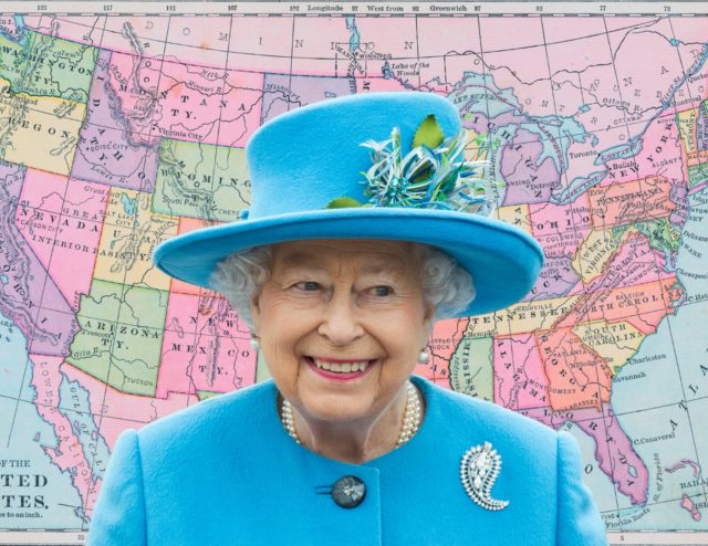A portrait of Queen Elizabeth II overtop of a map of the US.