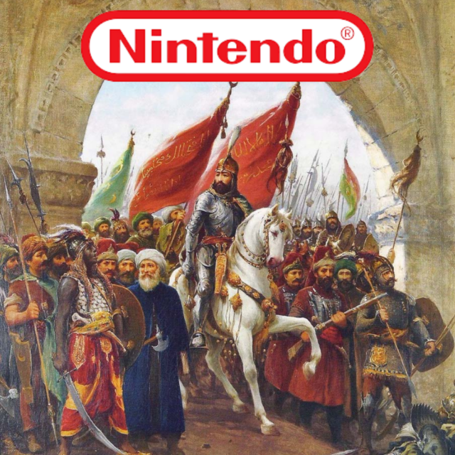 A painting of people from the Ottoman Empire with the Nintendo logo on top.