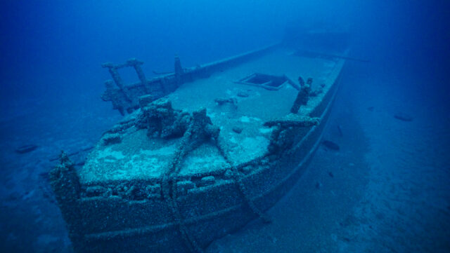 An underwater shipwreck.