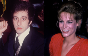 Al Pacino sitting with his arm up + Jamie Lee Curtis looking to the side while smiling