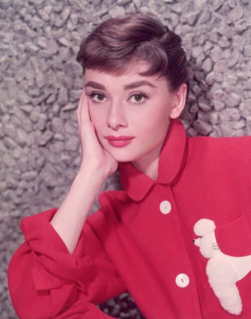 Headshot of Audrey Hepburn resting her head in her hand.