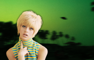 Portrait of Goldie Hawn on top of an image of a UFO flying over trees, the sky a green hue.