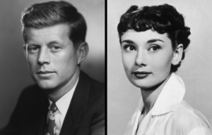 Headshot of John F. Kennedy beside a headshot of Audrey Hepburn.