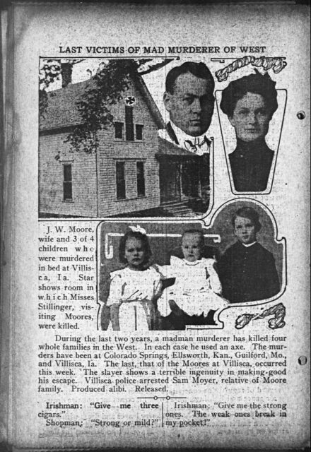 Newspaper clipping about the Villisca Axe Murders, featuring images of the Moore family and their home
