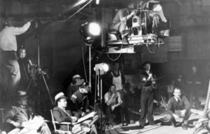 A film brew behind-the-scenes with a crane.