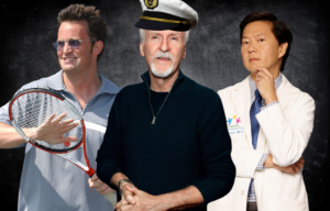 Chalkboard + Matthew Perry holding a tennis racket + James Cameron wearing a sailor's hat + Ken Jeong as Dr. Ken in 'Dr. Ken'