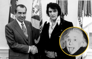 Richard Nixon and Elvis Presley shaking hands, Albert Einstein sticking his tongue out.