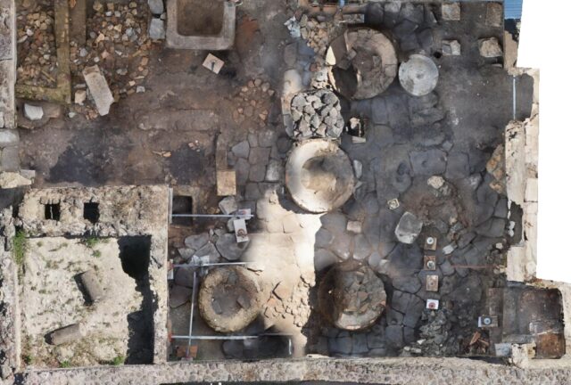 Aerial view of ruins in Pompeii.