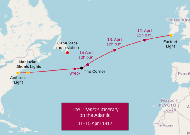 A map with itinerary route of the Titanic.