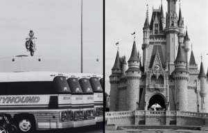 A photo of Evel Knievel jumping over Greyhound buses beside a photo of Cinderella's Castle at Walt Disney World.