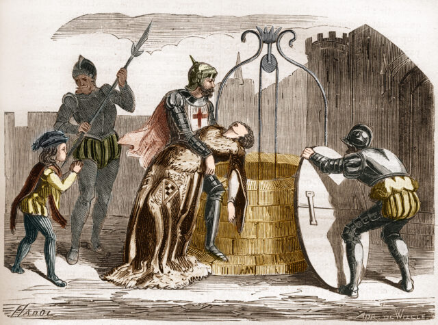 Gilles de Rais and two of his servants dumping a woman's body into a water well.