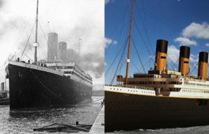 Original Titanic on the left and a 3D rendering of the Titanic 2 on the right.