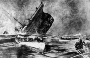 An illustration of a lifeboat with survivors flanked by the Titanic sinking.