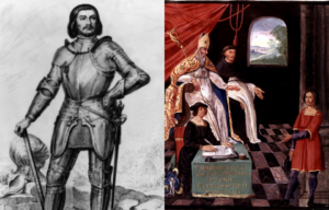 L: Gilles de Rais in battle armor | R: Gilles de Rais standing trial in front of bishop.