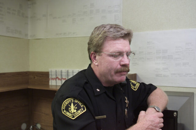 KEDDIE, CA – MAY. 30: Sheriff Officer Rob DeCrona has been with the Plumas County Sheriff’s Department for more than 20 years. He was just starting out the night of the murders at Keddie Resort, and now he’s in charge of the ongoing investigation. Around the walls of an office at the Sheriff’s Department is a timeline of the events leading up to the murders that continue on for several years after the murders. (Photo Credit: Kendra Luck /The San Francisco Chronicle / Getty Images)