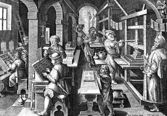 An illustration of a 17th-century printing press.
