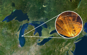 Map view of the Great Lakes, a sonar picture of a shipwreck on top.