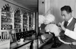 The interior of an apothecary beside a photo of a wigmaker.