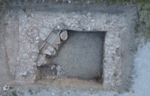 Aerial view of an excavation site.