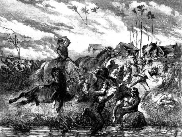 Illustration of people running away from a fire and toward a river.