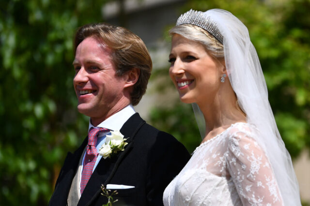 Thomas Kingston and Gabriella Windsor standing in wedding attire