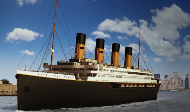 A rendering model of the Titanic 2 being in water.