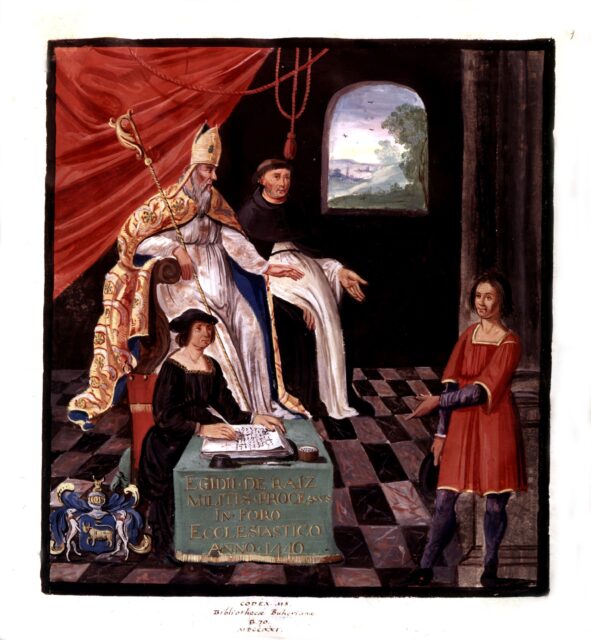 Gilles de Rais in trial in front of the bishop.