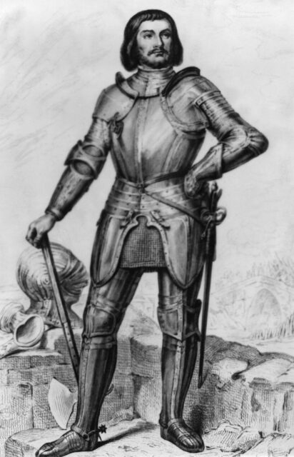 A black and white drawing of Gilles de Rais while in war armor.