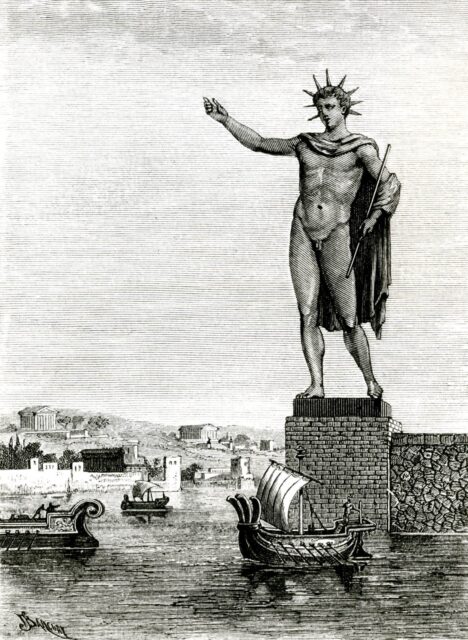 Drawing of ships in water and colossus of rhodes inland.
