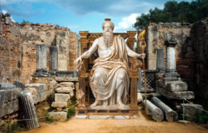 A statue of Zeus overlaid on an ancient greek workshop.