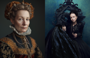 L: Illustration of Catherine de Medici. R: Samantha Morton playing the role of Catherine de' Medici.