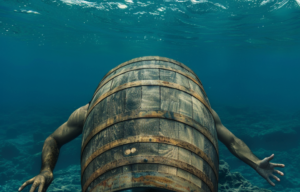 Underwater barrel with person's arms sticking out.