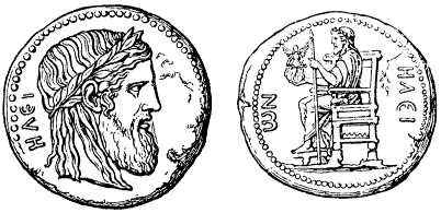 Coins that showcase Zeus and Statue of Zeus at Olympia.