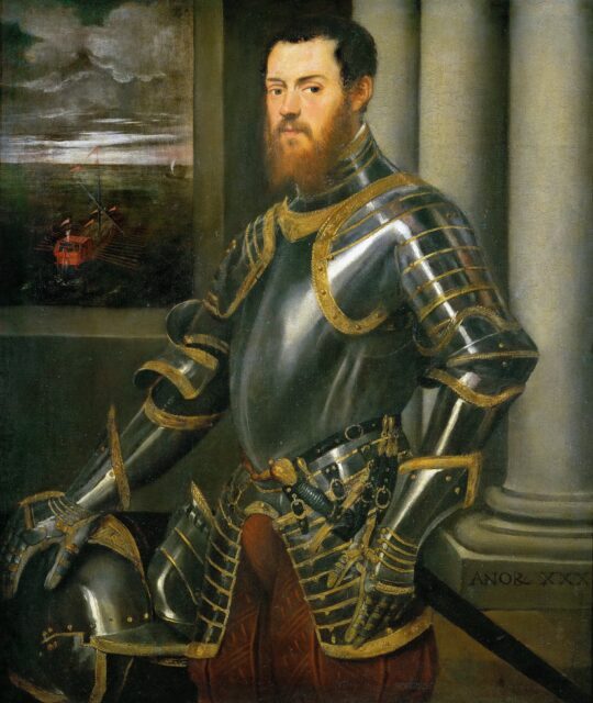 A portrait of a man in armor holding his helmet.