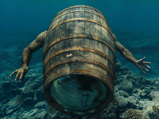 Underwater barrel with person's arms sticking out. 