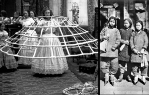 A woman getting into a crinoline beside a picture of three women standing with bound feet.