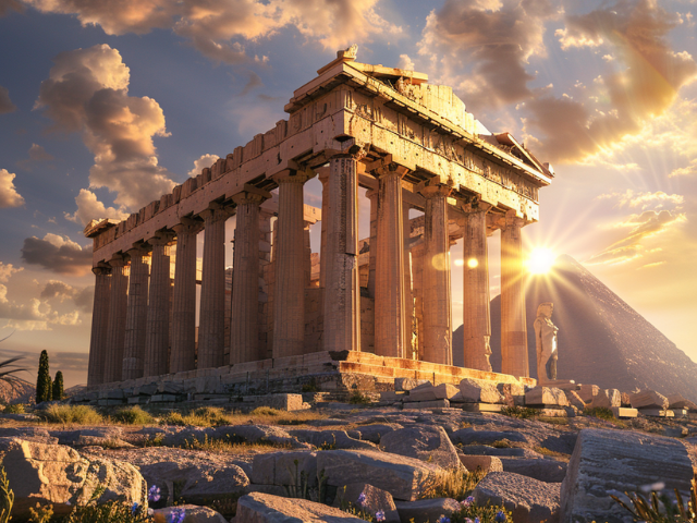 Temple of Artemis flanked by sunshine and other ancient wonders of the world.