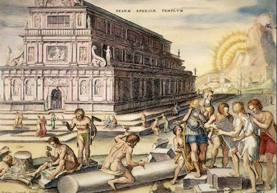 Hand-colored engraving portraying the Temple of Artemis.