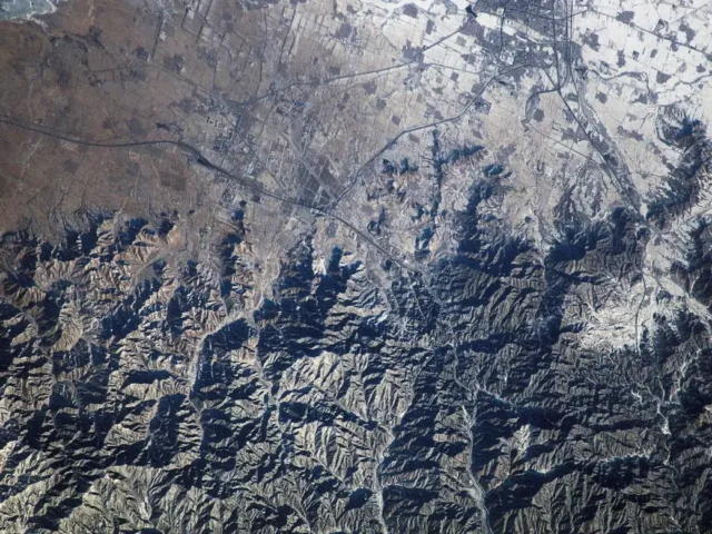An aerial picture of the Great Wall of China from space.
