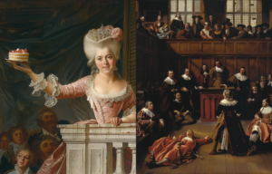 L: Marie Antoinette holding up a cake R: A court for salem witch trials.