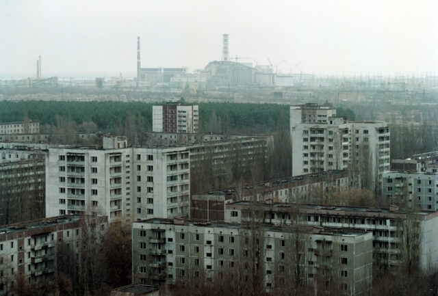 View of Pripyat and the Chernobyl power plant.