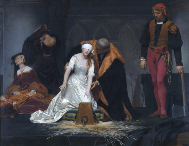 Portrait of Lady Jane Grey blindfolded about to be executed.