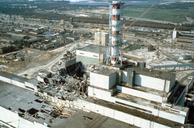 Aerial view of the Chernobyl plant destroyed.