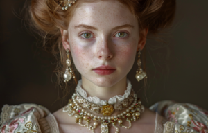 Portrait of a young girl in Tudor-style clothing.