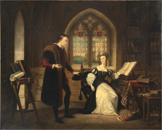 A portrait of Lady Jane Grey sitting at a desk.