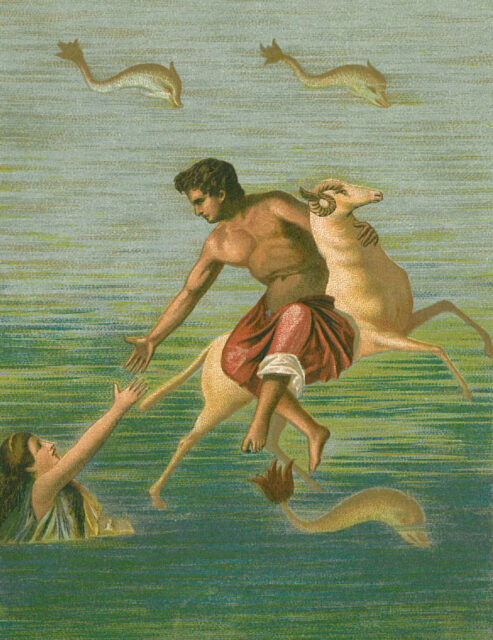Illustration of Phrixus and Helle crossing the sea. 