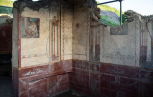 Remains of Pompeii walls with frescoes on them.