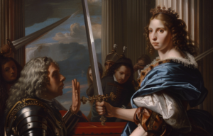 Portrait of Queen Anne knighting Sir Isaac Newton.