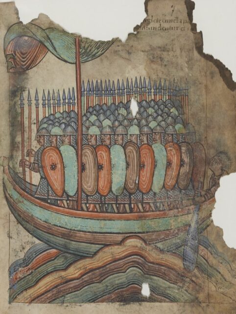 A boat with Vikings traveling. 